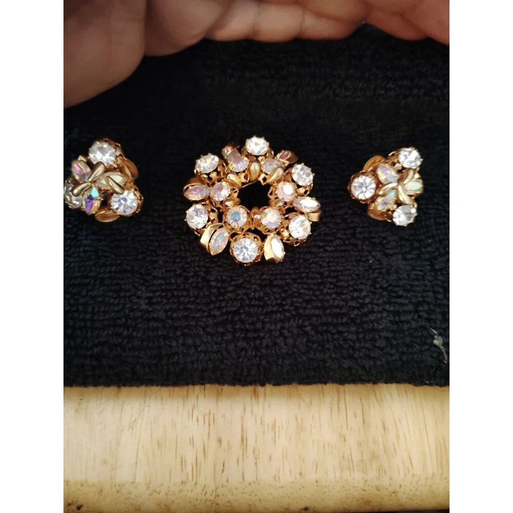 Clip on earring and Pin set Iridescent Rhinestone